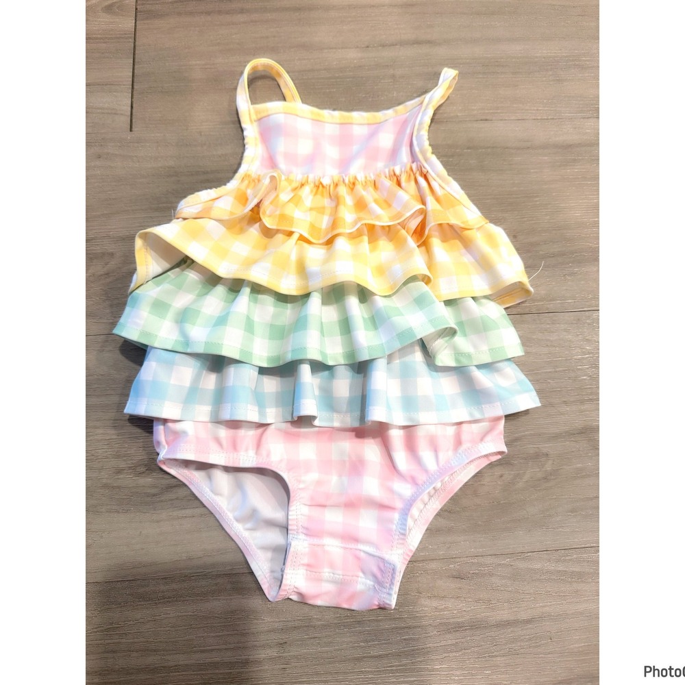 MudPie Pink Checked Gingham One Piece Swimsuit Girls 9-12 mos Ruffles Bows